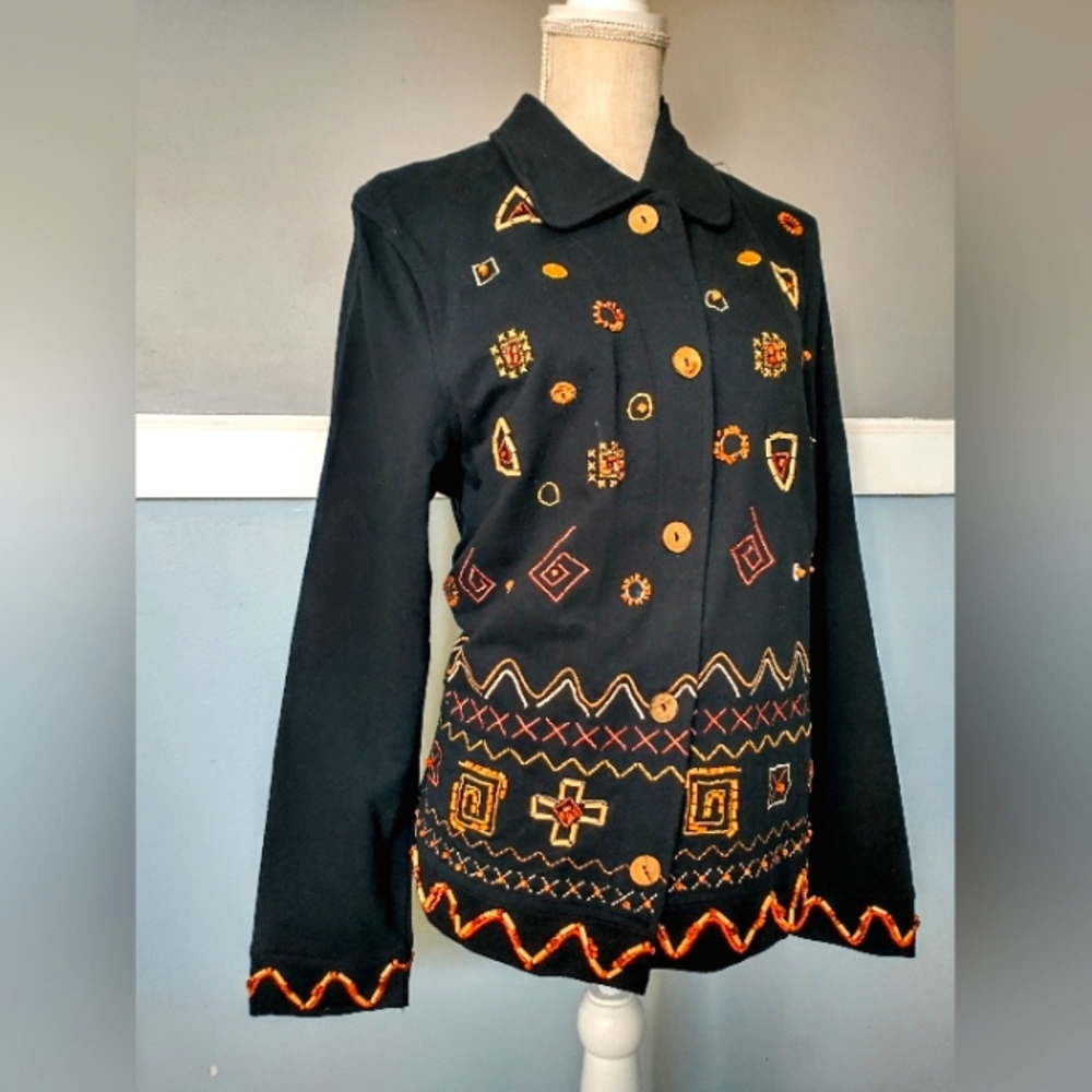Vintage Cotton Jacket - Black w/ Beading & Embroidery - India